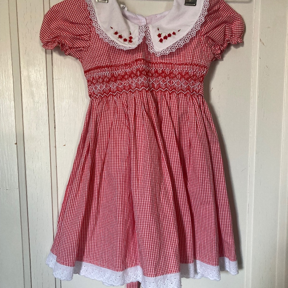 Girls Gingham Red and White Dress With Embroidered Roses Handmade